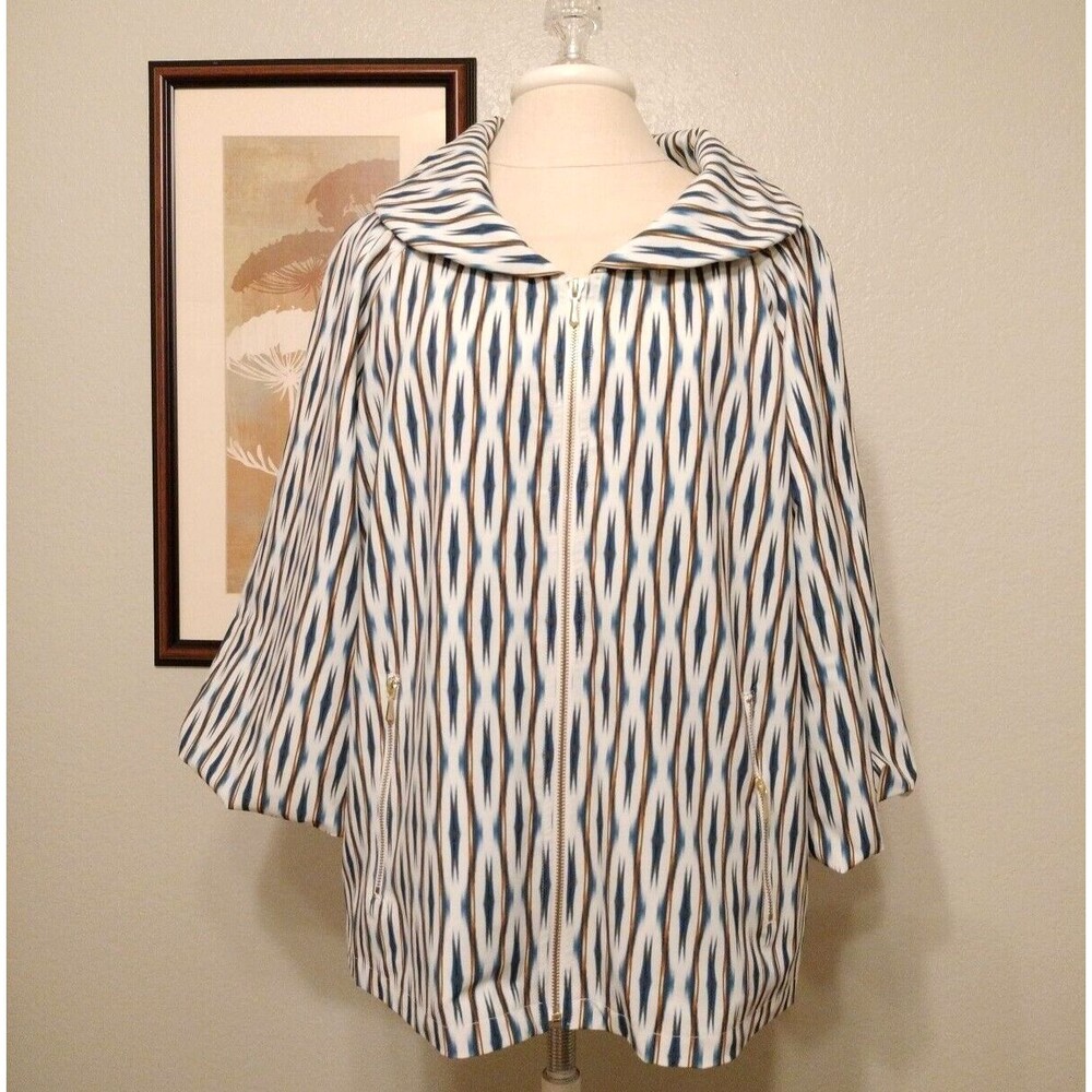 Chico's Zenergy Sz 2, US L/12 Ikat Blue Lotus Lined Jacket Shawl Neck 3/4 Sleeve